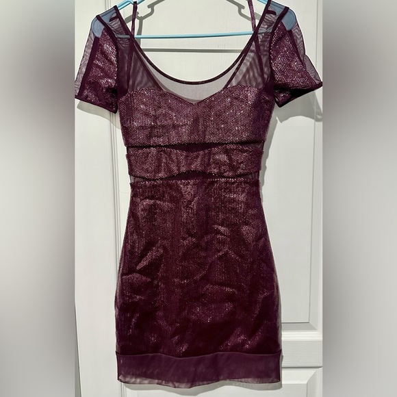 NWT BCBGMaxAzria Short Sleeve Barlow Micro Sequin Illusion Mini Dress Mullberry - Picture 2 of 11